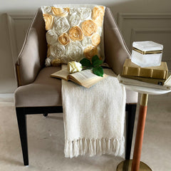 Gold N Ivory Blooms - Ivory & Gold Art Silk Throw Pillow Cover