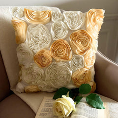 Gold N Ivory Blooms - Ivory & Gold Art Silk Throw Pillow Cover