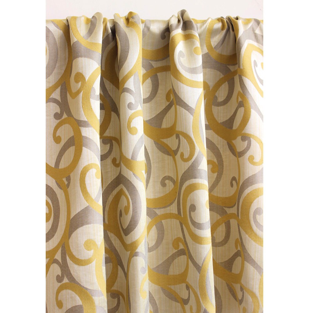 Yellow N Gray Scrolls Jacquard Weave Curtain Panels