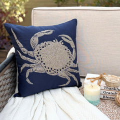Navy Blue Cotton Linen Throw Pillow Cover - Crab At The Shore