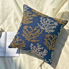 Navy Blue Cotton Linen Throw Pillow Cover - Sea Weeds Swim