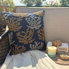 Navy Blue Cotton Linen Throw Pillow Cover - Sea Weeds Swim