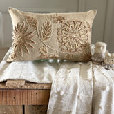 Beige Linen Blend Lumbar Pillow Cover - Floral Dune