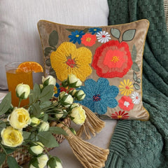 Sunburst Blooms - Beige Velvet Throw Pillow Cover