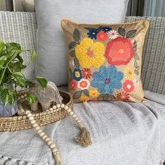 Sunburst Blooms - Beige Velvet Throw Pillow Cover