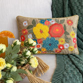 Floral Fiesta - Beige Velvet Lumbar Pillow Cover