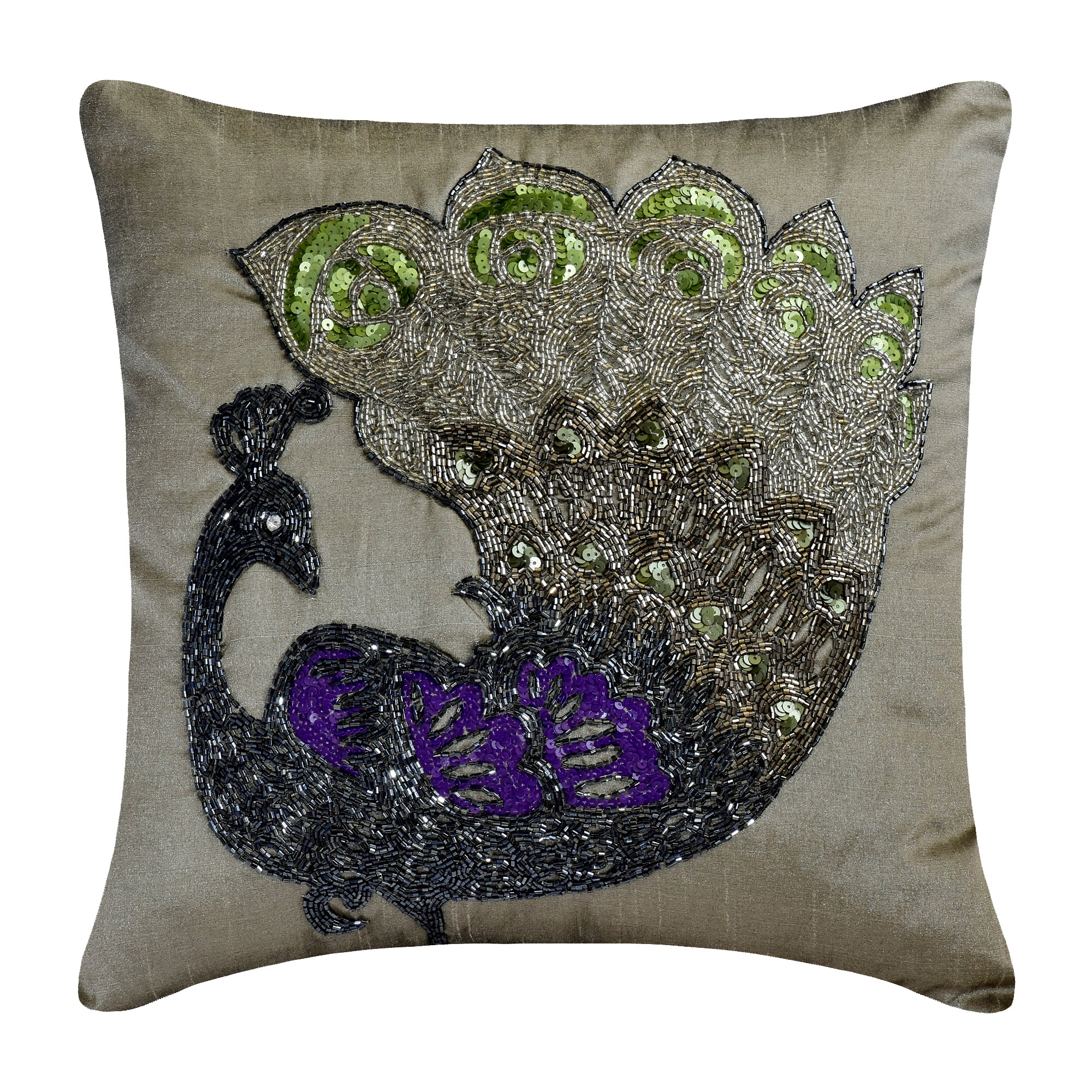 Silver Art Silk Throw Pillow Cover Silver Dancing Peacock