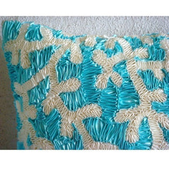 Aqua Ornate Blue Silk Throw Pillow Cover