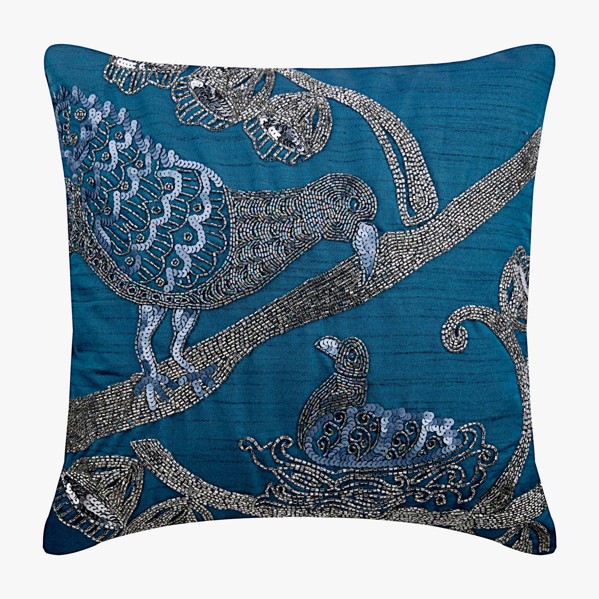 Birdy Love Blue Silk Throw Pillow Cover