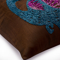 Blue Peacock - Brown Art Silk Throw Pillow Cover