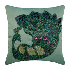 Taupe Green Peacock - Taupe Green Art Silk Throw Pillow Cover