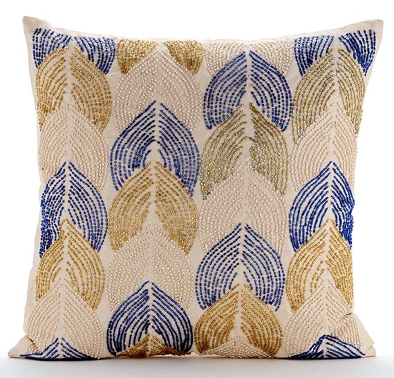 Blue Gold Art Silk Arabian Beaded Throw Pillow Cover, Moroccan
