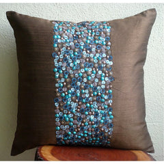 Cocoa Turq - Chocolate Brown Art Silk Throw Pillow Cover