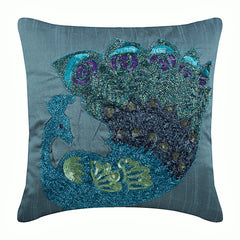 Blue Peacock - Brown Art Silk Throw Pillow Cover