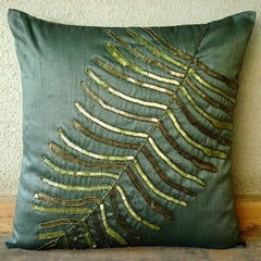 Floating Leaf - Dark Green Art Silk Throw Pillow Cover