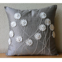 Floral Whispers - Gray Art Silk Throw Pillow Cover