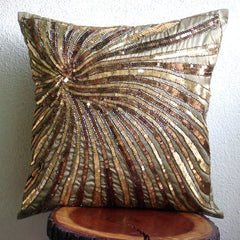 Gold Bloom - Brown & Gold Art Silk Throw Pillow Cover