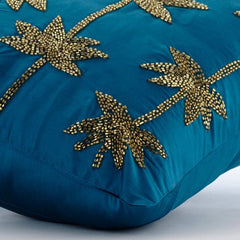 Gold Lotus Dreams - Teal Blue Taffeta Throw Pillow Cover
