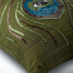 Green Peacock Feather - Green Art Silk Throw Pillow Cover