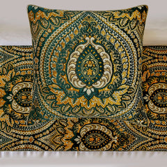 Damask Tapestry - Jacquard Green Decorative Bed Runner and Pillow Cover