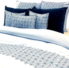 Blue Geometric Embrodiery- Light Blue, Dark Blue Velvet Duvet Cover Set