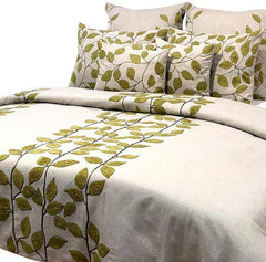 Linen Leaf Ivy - Beige, Green Linen Duvet Cover Set