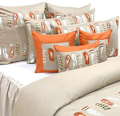 Beige Feather Embroidery- Beige Orange Cotton Duvet Cover Set