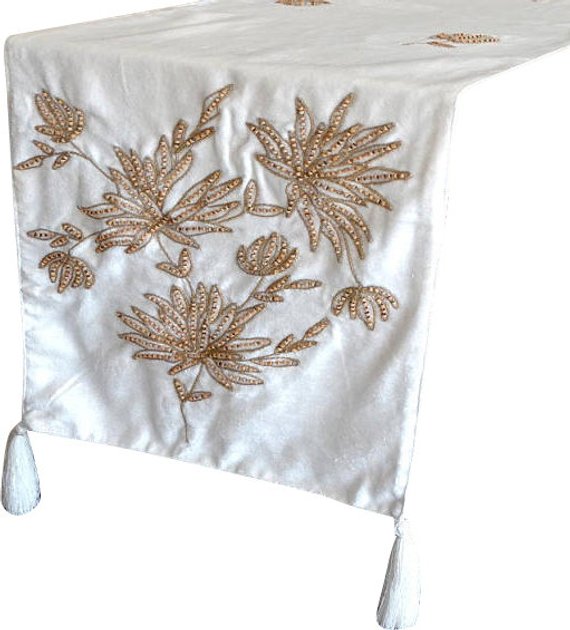 Velvet Ivory Brown Decorative Table Runners Wooden Beads