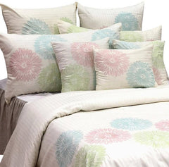 Multi Dahlia Floral - Ivory, Red, Green, Blue Cotton Duvet Cover Set