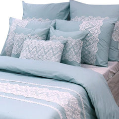 Lace Breeze - Sky Blue, White Cotton Duvet Cover Set