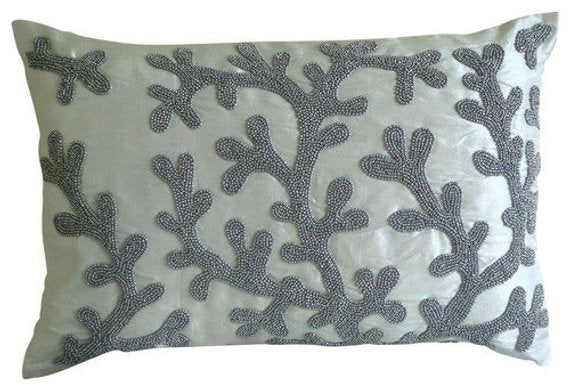 Art Silk White Rectangular Decorative Pillows Cover Silver Corals