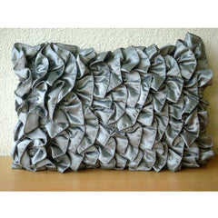 Vintage Gray Ruffles - Satin Grey Decorative Lumbar Pillow Cover