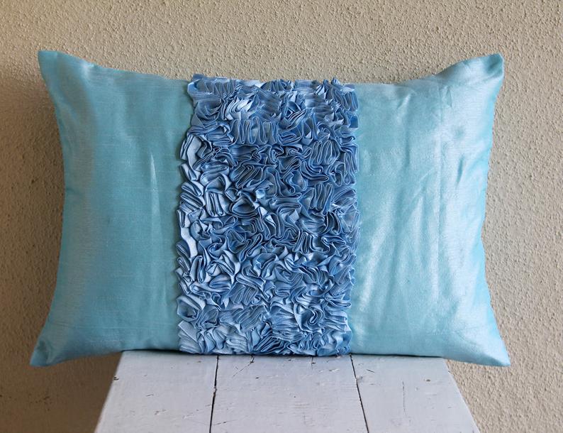 Sky Blue Silk Decorative Lumbar Pillow Cover, Sky Blue Love