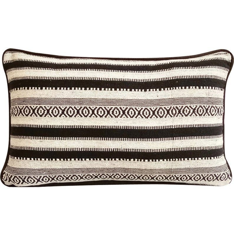 Black & White Wool Decorative Lumbar Pillow Cover, Moroccan Ceramics