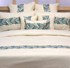 Fern Embroidery - Ivory, Blue, brown Cotton Duvet Cover Set