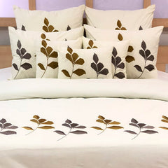 Abstract Floral Embroidery- Ivory, Grey Cotton Duvet Cover Set