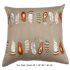 Beige Feather Embroidery- Beige Orange Cotton Duvet Cover Set
