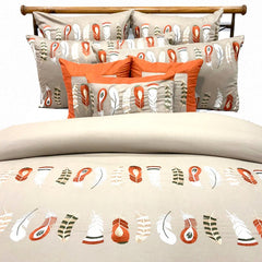 Beige Feather Embroidery- Beige Orange Cotton Duvet Cover Set