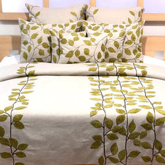 Linen Leaf Ivy - Beige, Green Linen Duvet Cover Set