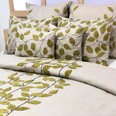 Linen Leaf Ivy - Beige, Green Linen Duvet Cover Set