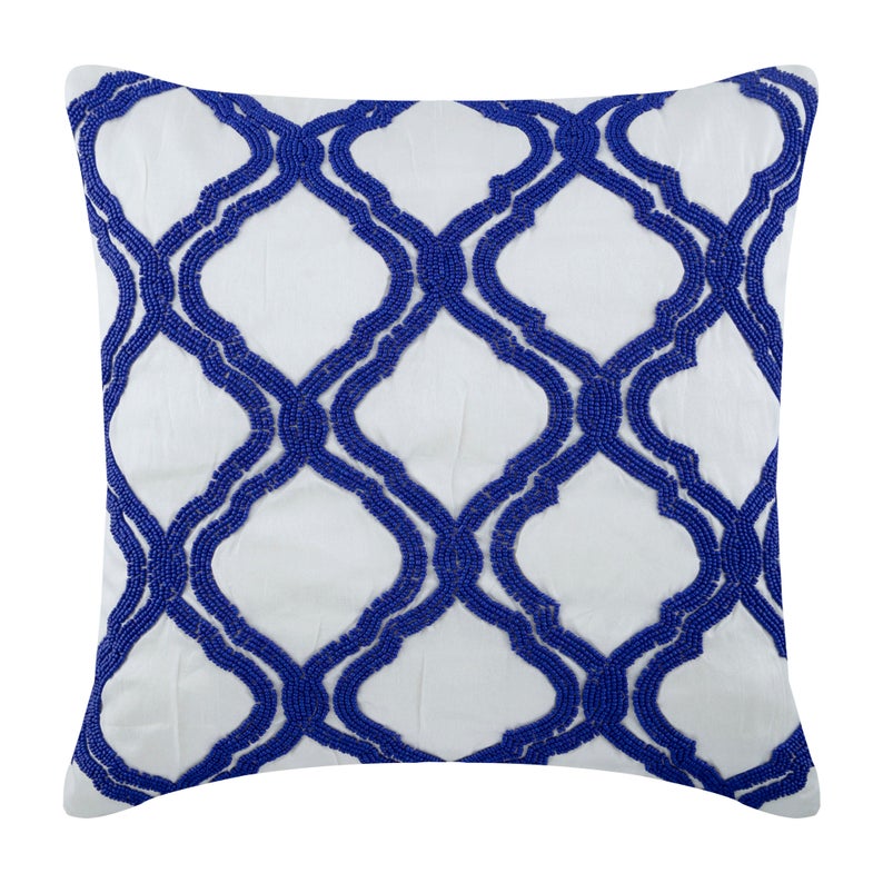 Lattice Blue & White Beaded Throw Pillow Cover