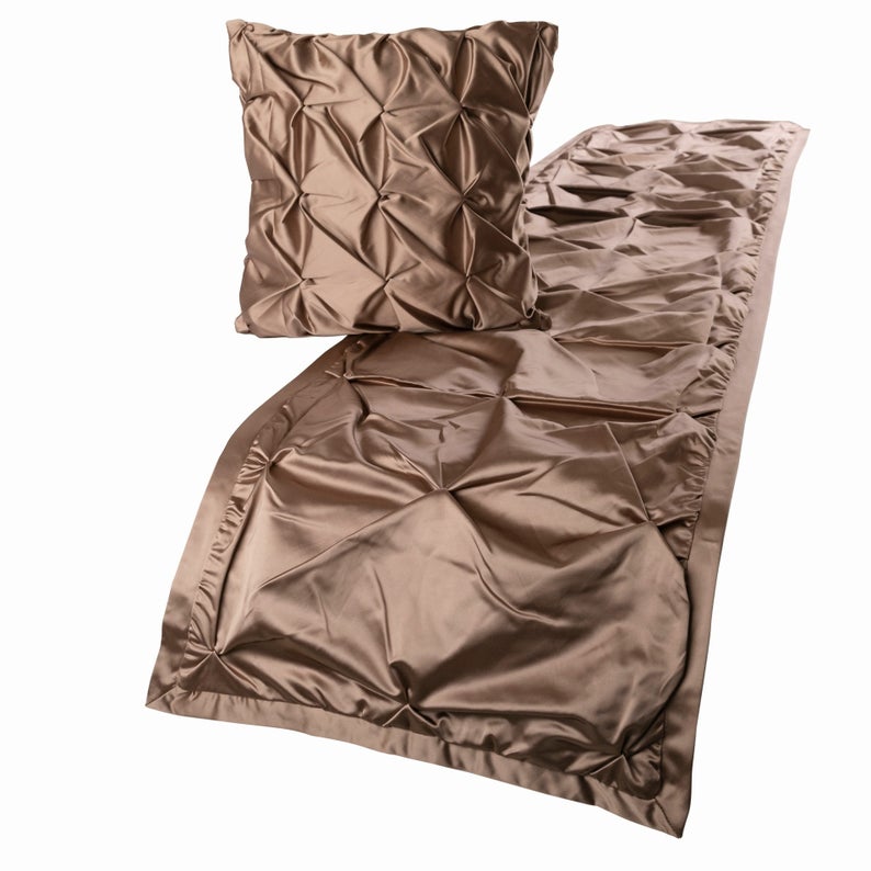 Satin Beige Decorative Bed Runner and Pillow Cover - Satin Ballet Swirl