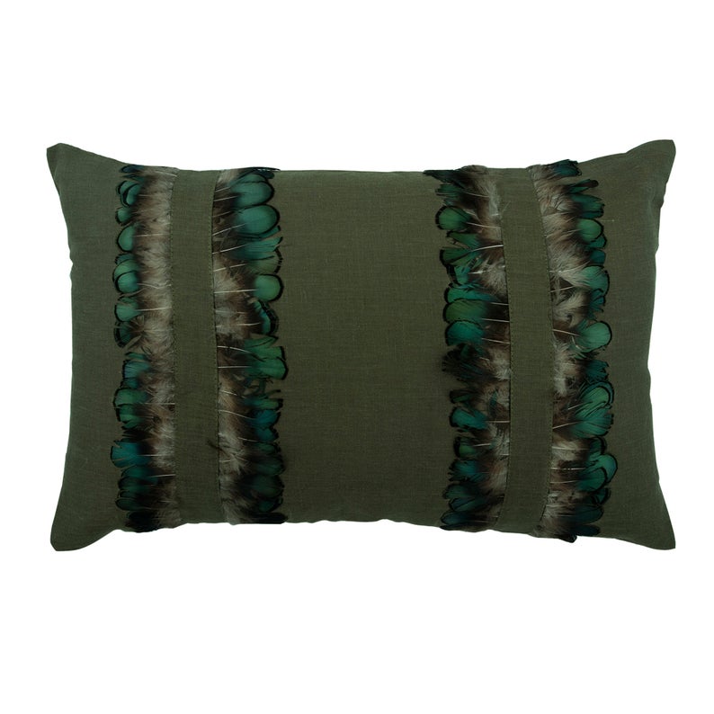 Olive Green Linen Lumbar Pillow Cover, Peacock Masquerade