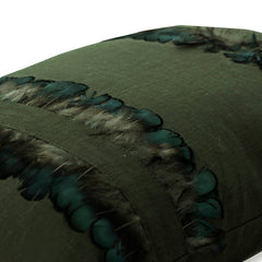 Peacock Masquerade - Olive Green Linen Lumbar Pillow Cover