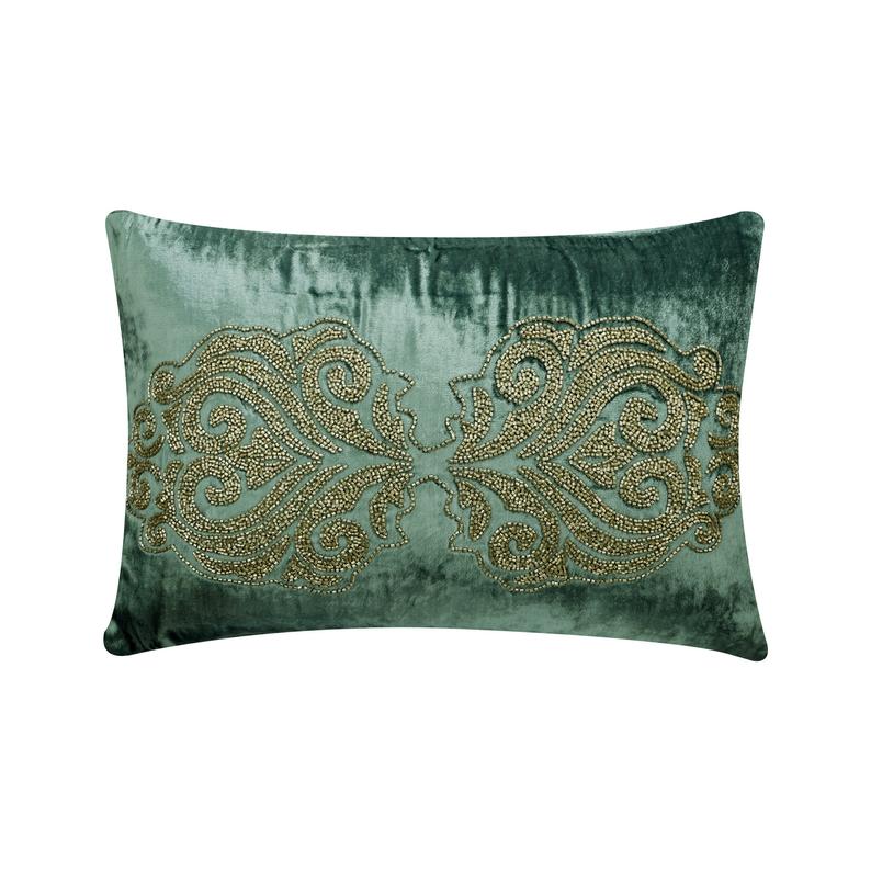 Enchanted Damask Teal Beaded Throw Pillow Cover