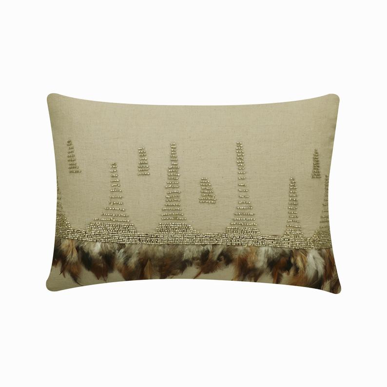 Feather Beads Beige Linen Throw Pillow Cover