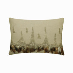 Feather Beads Beige Linen Throw Pillow Cover