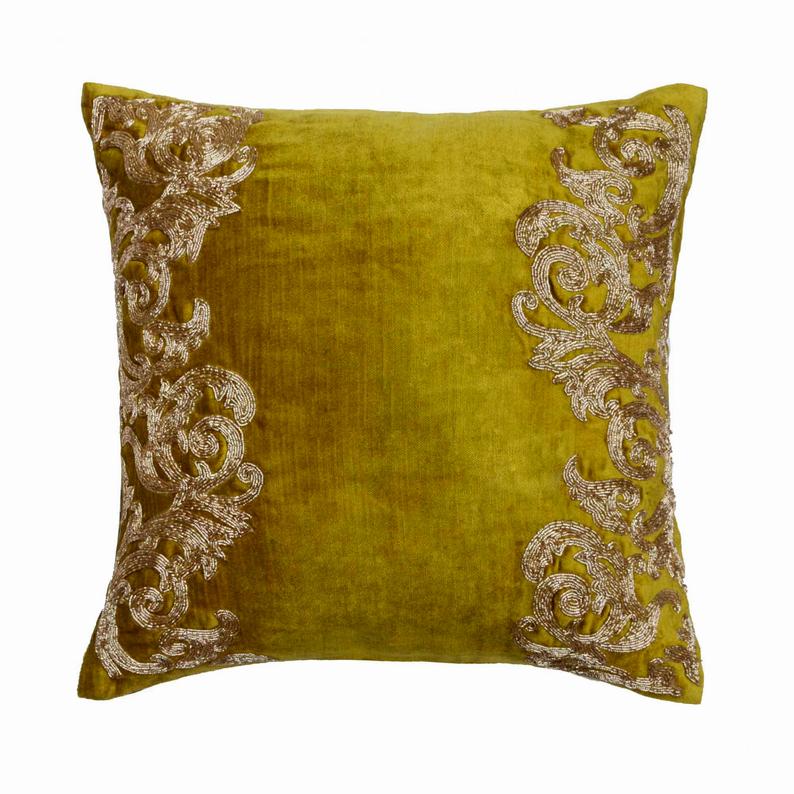 Gold Mythology Green Velvet Throw Pillow Cover