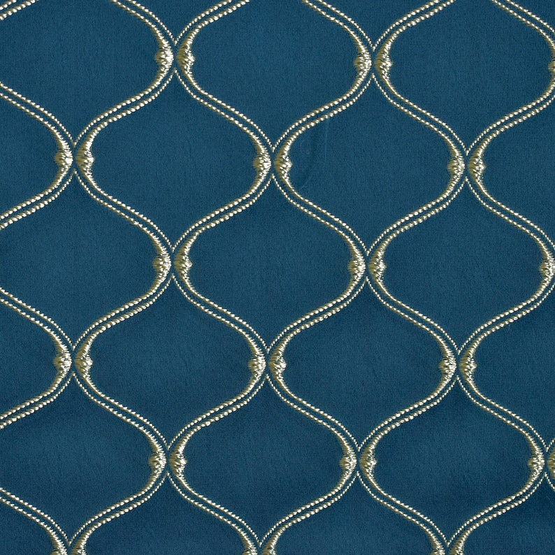 Navy Blue & Cream Moroccan Geometric Embroidered Fabric By The Yard