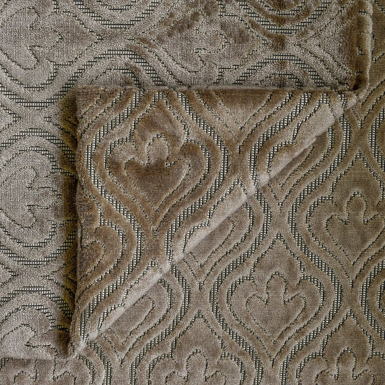 Pearl Beige Damask Jacquard Velvet Fabric By The Yard